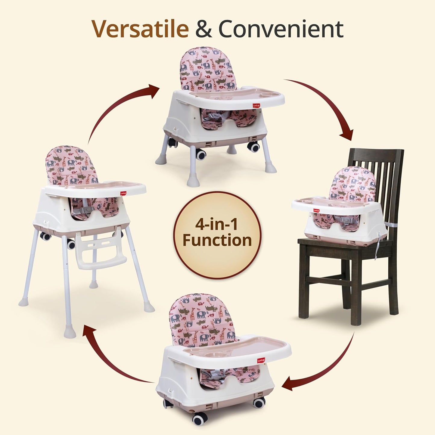 LuvLap Baby High Chair with Wheels (6 Months–3 Years) | 3 Height Adjustable Booster Feeding Seat with Cushion | Portable Design | FREE AirPods Worth ₹499 🎁