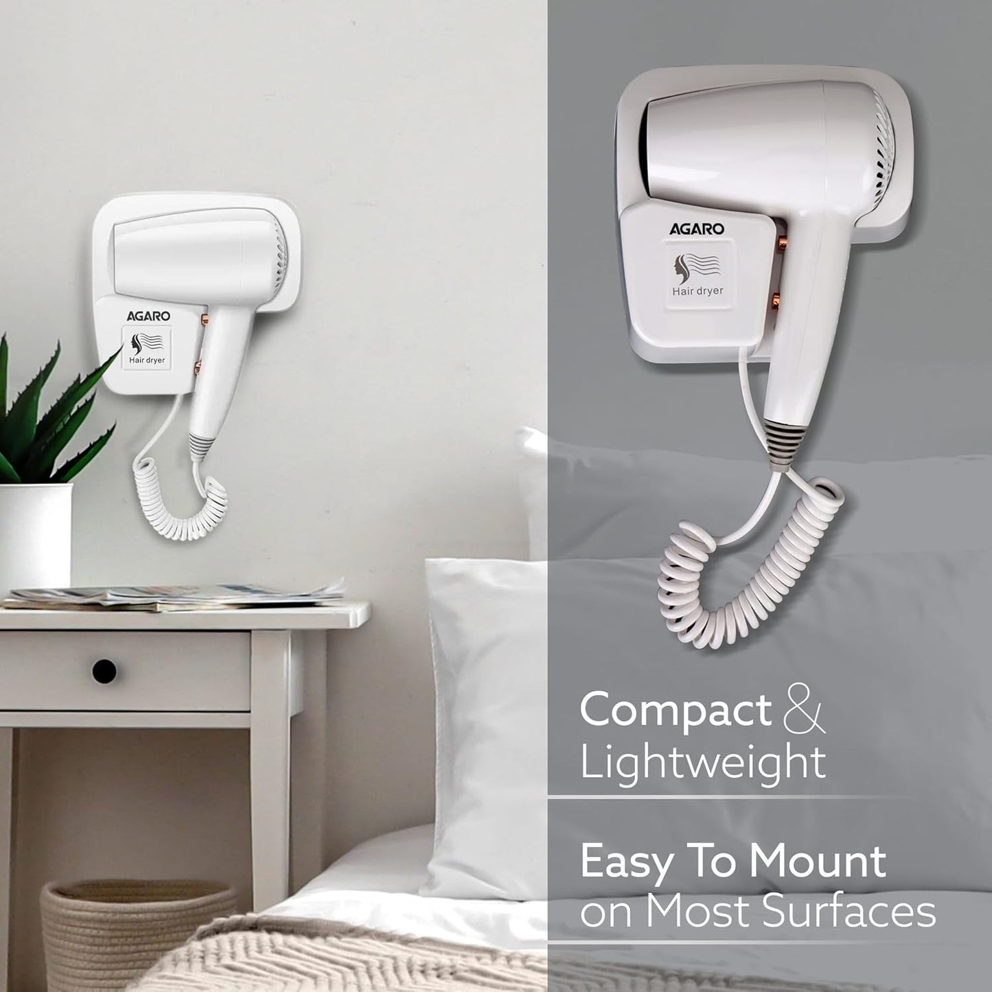 AGARO HD1417 Wall Mounted Hair Dryer 1400W | Compact Hotel & Bathroom Dryer