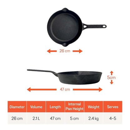 Meyer Pre-Seasoned Cast Iron Fry Pan 26cm | Heavy Duty Skillet | Gas & Induction Compatible | Durable Iron Cookware