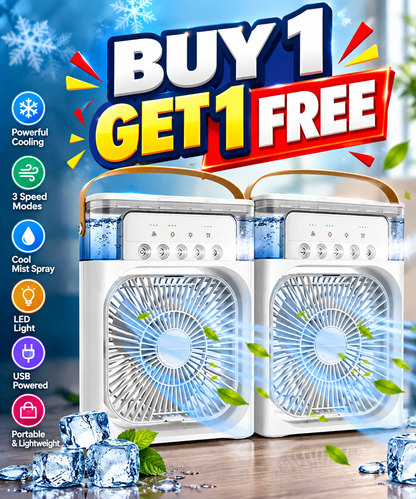 🔥 BUY 1 GET 1 FREE – Mini Portable Air Cooler | 3-in-1 Personal Cooler, Fan, Humidifier & RGB LED Light