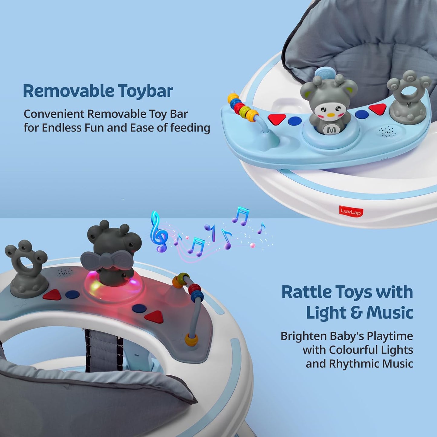 LuvLap 360° Joy Baby Walker (6–18 Months) | 3 Height Levels, Music Toy Tray & Food Tray | Safe & Comfortable Baby Walker + FREE AirPods Worth ₹499 🎁