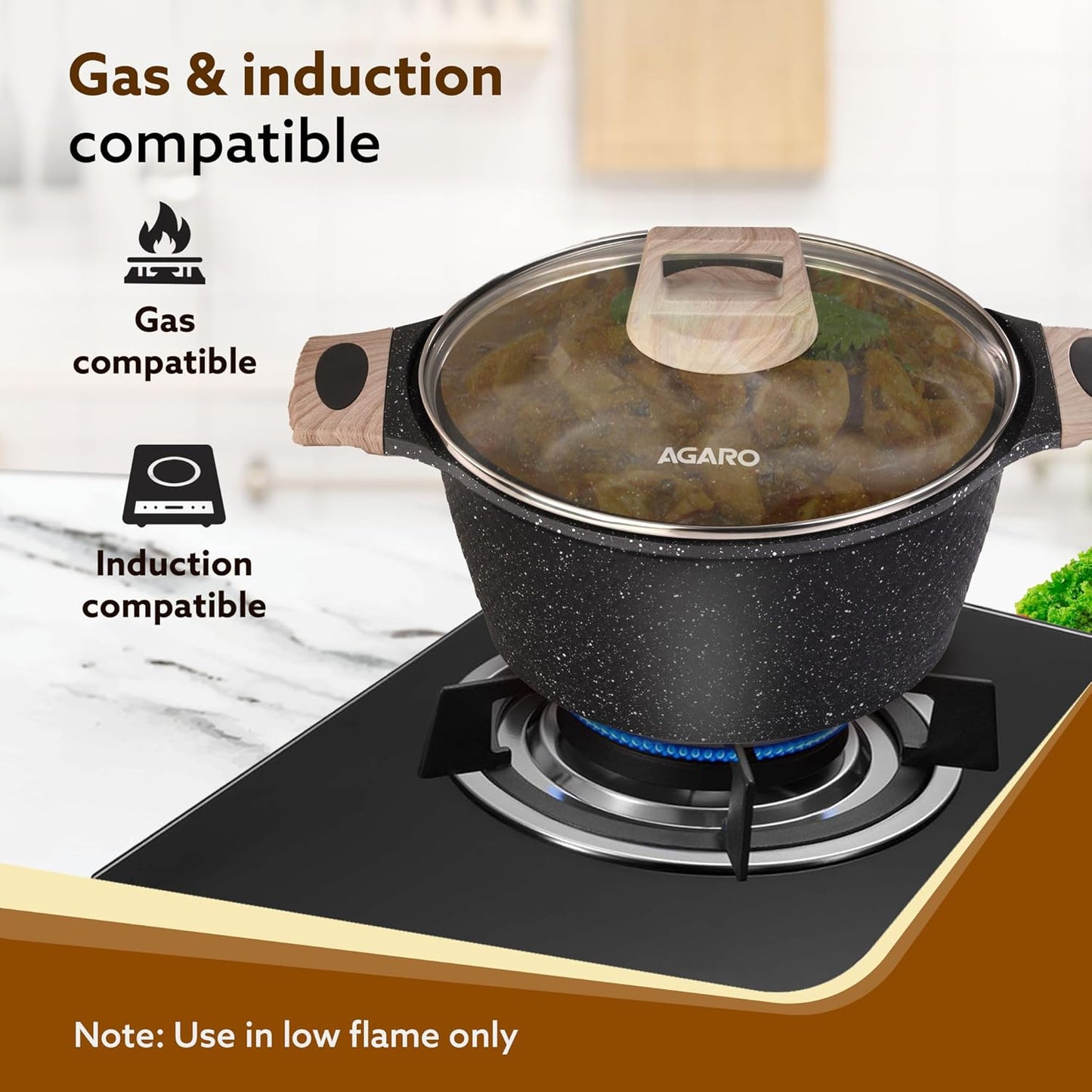 AGARO Imperial Granite Non-Stick Cookware Set (4 Pcs) | 28cm Deep Fry Pan + 24cm & 16cm Sauce Pans with Lids | Cast Aluminium | Gas & Induction Compatible