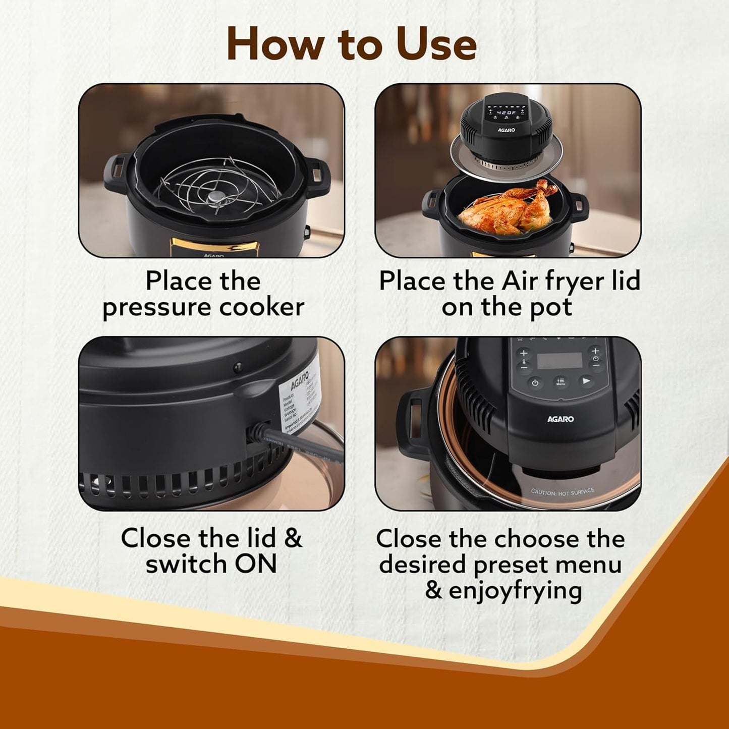 AGARO Imperial Pot Lid Air Fryer – 7-in-1 Electric Air Fryer Lid for 5L, 6L & 8L Pressure Cookers | 7 Preset Menu | 1000W