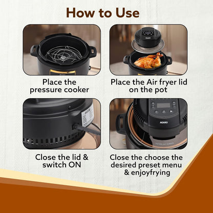 AGARO Imperial Pot Lid Air Fryer – 7-in-1 Electric Air Fryer Lid for 5L, 6L & 8L Pressure Cookers | 7 Preset Menu | 1000W