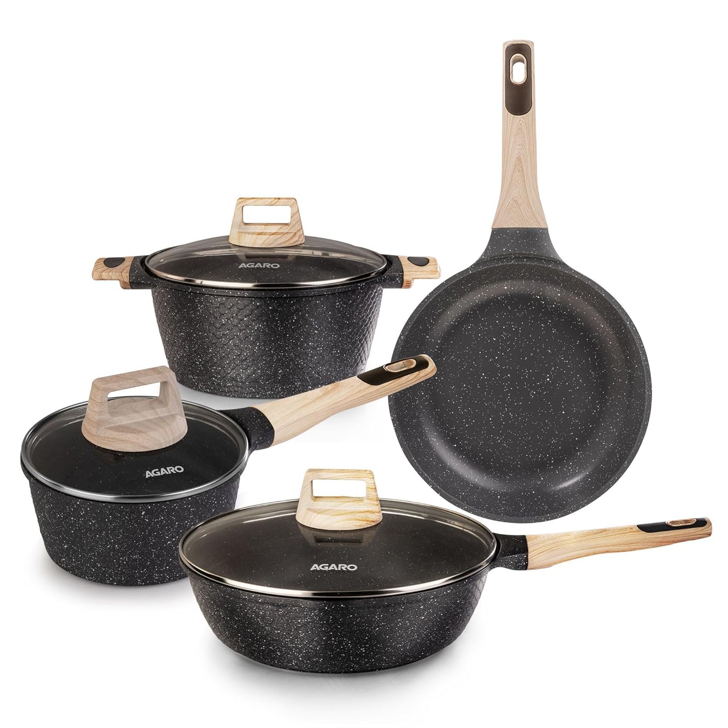 AGARO Imperial Granite Non-Stick Cookware Set (4 Pcs) | 28cm Deep Fry Pan + 24cm & 16cm Sauce Pans with Lids | Cast Aluminium | Gas & Induction Compatible