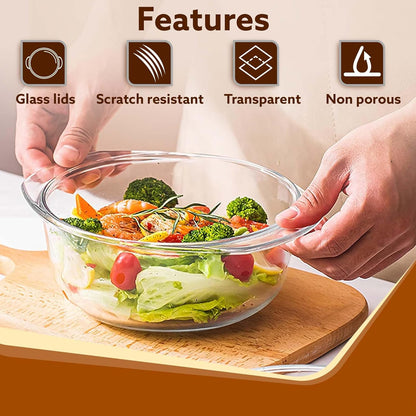 AGARO Elite Glass Casserole Set with Lid (700ml & 1500ml) | Heat Resistant Borosilicate Glass | Microwave Safe Serving Bowls