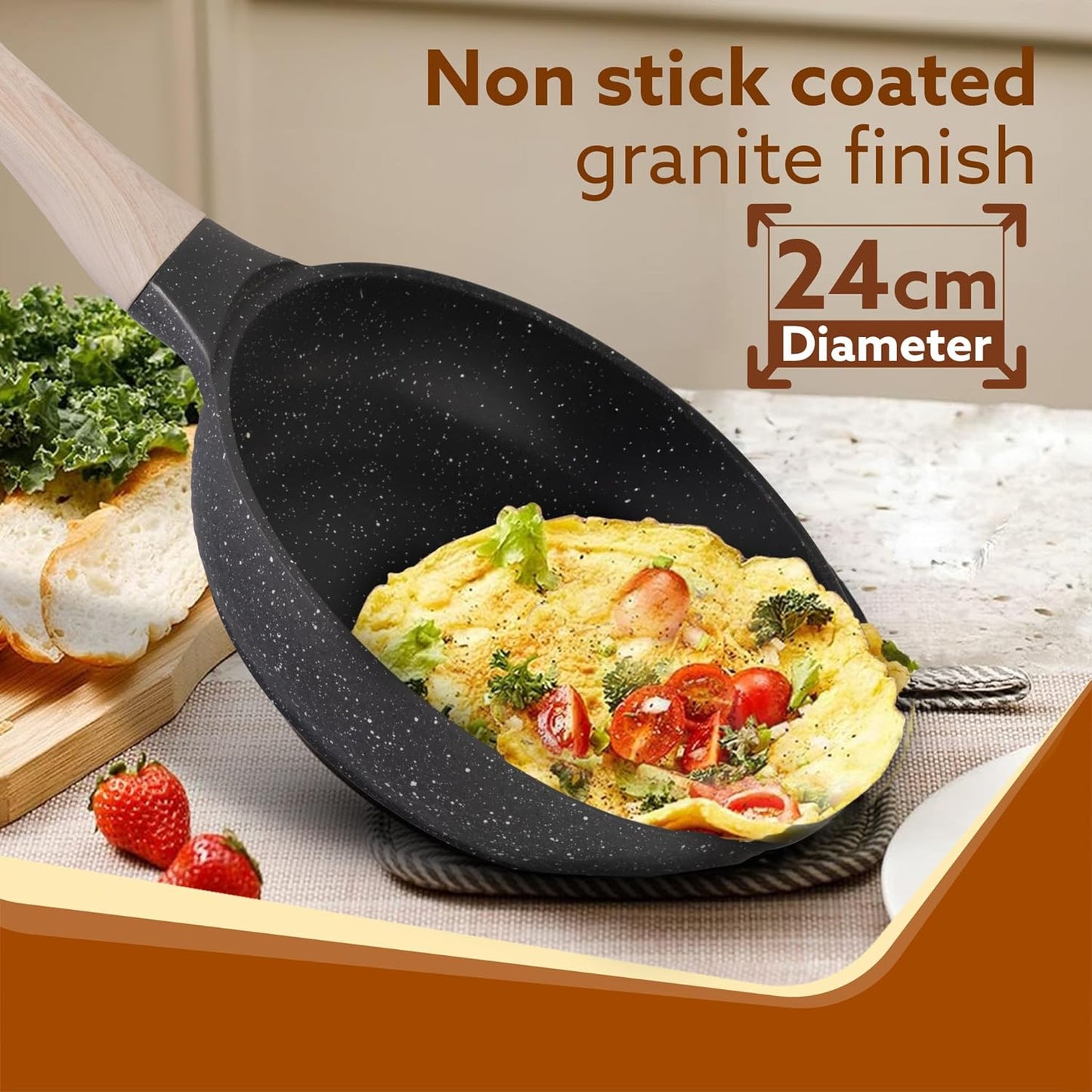 AGARO Imperial Granite Non-Stick Fry Pan 24cm (1.6L) with Glass Lid | Cast Aluminium Body | Omelette, Egg & Fish Fry Pan | Gas & Induction Compatible | Dark Grey
