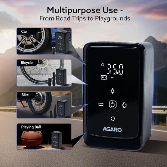 AGARO Atom Cordless Tyre Inflator – 150 PSI Portable Air Compressor with 4500mAh Battery, Digital Display, Auto Shut-Off & LED Light for Cars, Bikes & Inflatables