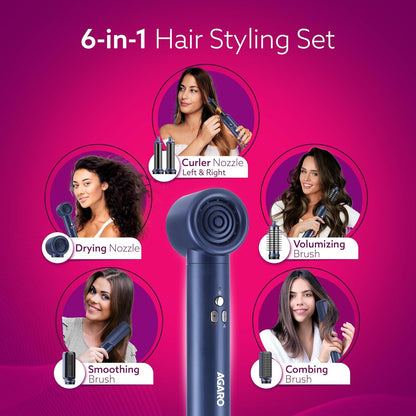 AGARO Imperial 6-in-1 Hair Styler 1200W | Brushless Ionic Hair Dryer, Blow Dryer Brush, Volumizer & Smoothing Tools (Blue)