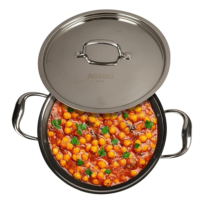 AGARO Royal Honeycomb Kadai 2.25L (24 cm) | Tri-Ply Stainless Steel | Gas & Induction Compatible | PFOA-Free | Riveted Handle | Silver Finish