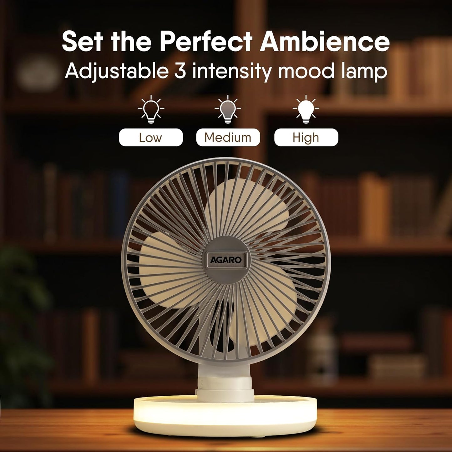 AGARO Alpha Rechargeable Table Fan with LED Light | 6-Inch USB Portable Desk Fan | 4-Speed Brushless Motor | Oscillation | Ultra Quiet | Home, Office & Bedroom