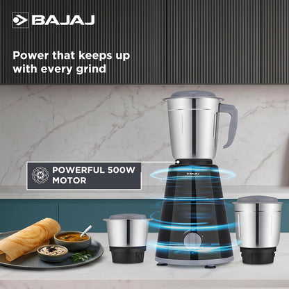 Bajaj GX-1 500 Watt Mixer Grinder | 3 Jars | 2-in-1 Dry Grinding Blade | Kitchen Mixer
