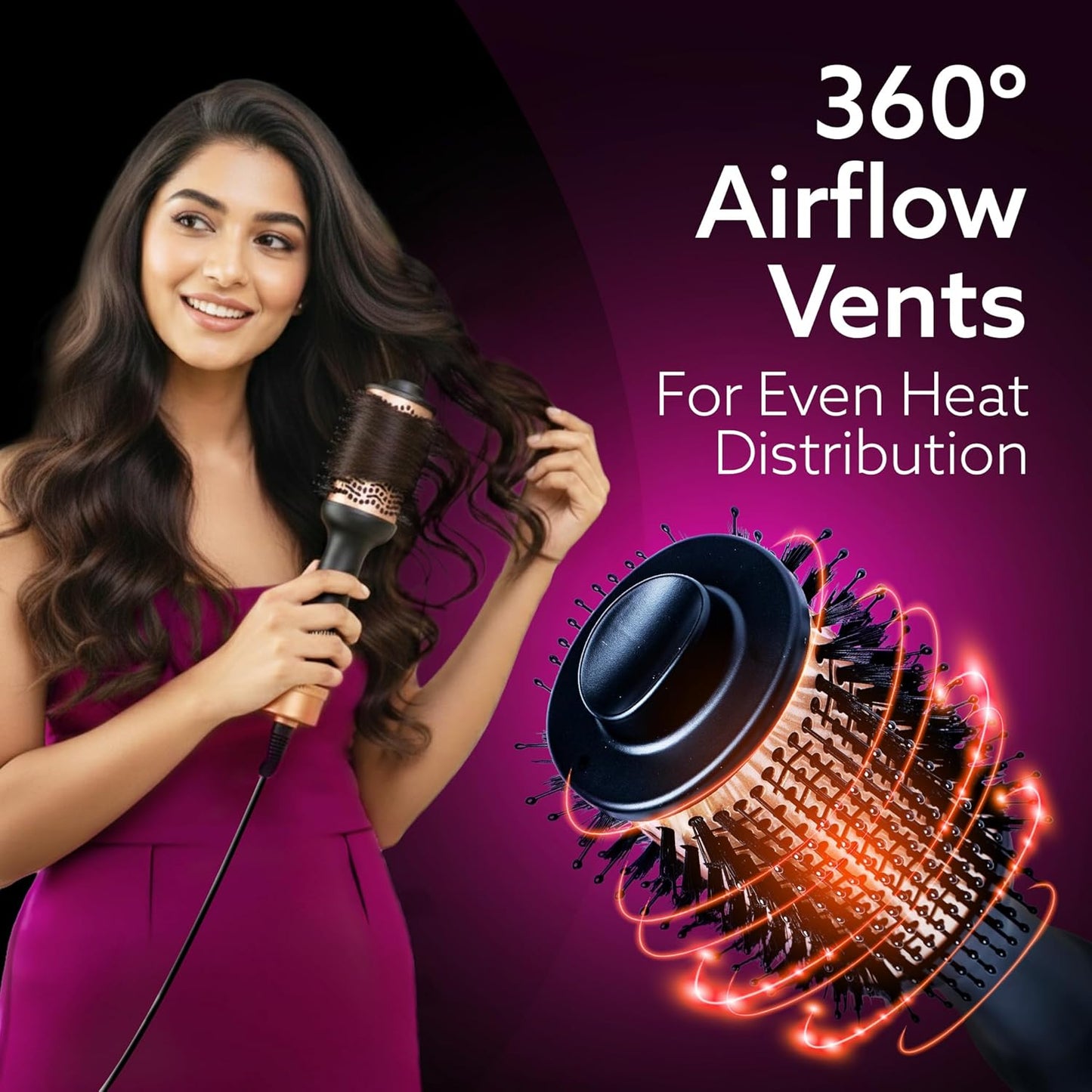 AGARO HV2179 Hot Air Brush 1200W | Blow Dryer, Volumizer & Hair Styler | Ceramic Coating, Charcoal Bristles, 360° Airflow, Oval Barrel (Gold & Black)