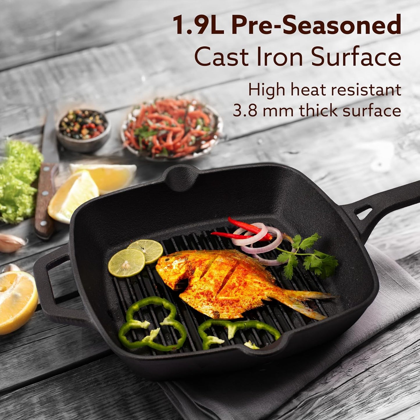 AGARO Royal Pre-Seasoned Cast Iron Grill Pan 24cm (1.9L) | Heavy Duty | No Chemical Coating | Gas & Induction Compatible