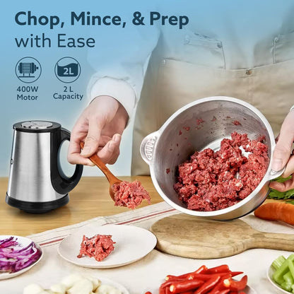 AGARO Delite 400W Electric Vegetable & Meat Chopper | 2L Bowl | 3 Speed Settings | Stainless Steel Body | Meat Grinder, Vegetable Mixer, Egg Whisker & Garlic Peeler