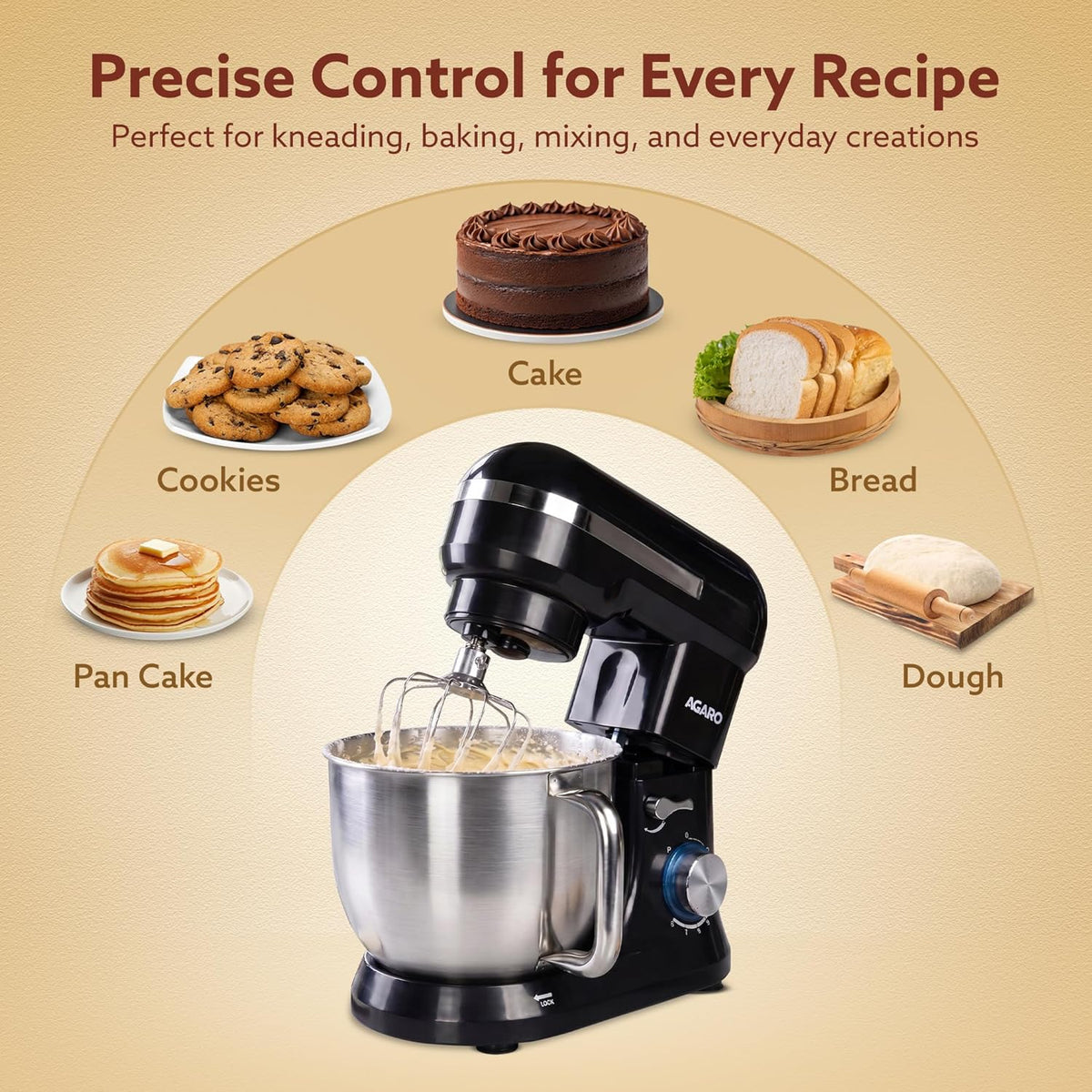 AGARO Royal Stand Mixer 1000W with 5L Stainless Steel Bowl, 8-Speed + Pulse Function, Copper Motor & Dough Hook, Beater, Whisker and Splash Guard