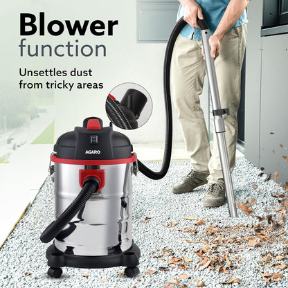 AGARO Ace 1600W Wet & Dry Vacuum Cleaner | 21.5KPa Powerful Suction | 30L Tank | Blower Function | Stainless Steel Body