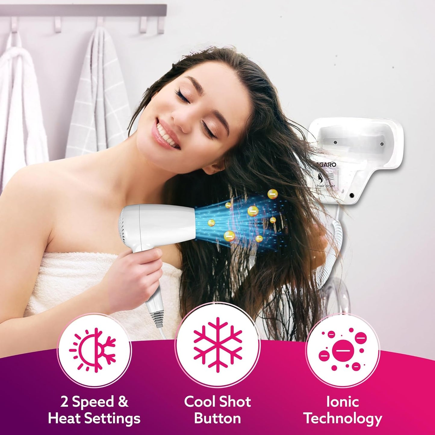 AGARO HD1417 Wall Mounted Hair Dryer 1400W | Compact Hotel & Bathroom Dryer