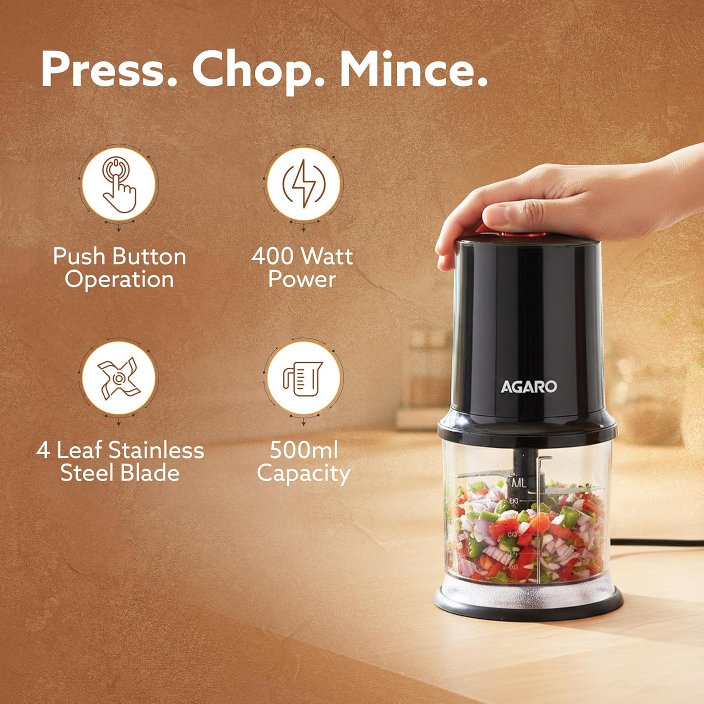 AGARO Electric Chopper 400W | 500ml Vegetable Cutter & Mini Chopper with Twin Stainless Steel Blades | FREE AGARO Royal Coffee Frother Worth ₹600 – Limited Time Offer!