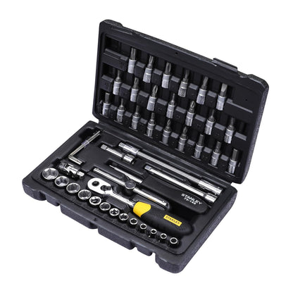 STANLEY STMT72794-8 46-Piece 1/4" Square Drive Metric Socket & Bit Set | Maxi-Drive™ Technology | Double Nickel Chromium Alloy | Quick Release Ratchet | Professional Tool Kit | Free Delivery