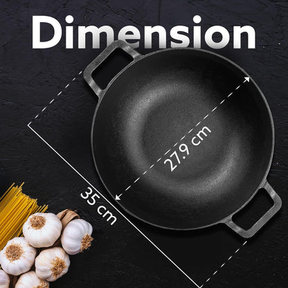AGARO Royal Pre-Seasoned Cast Iron Kadai 4.3L | Glass Lid | Heavy Duty Uni-Body | No Chemical Coating | Gas & Induction Compatible | Black