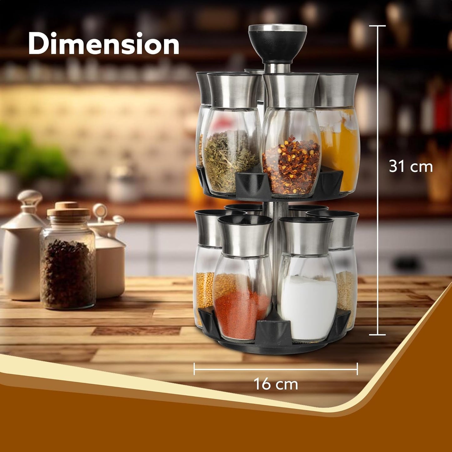AGARO Elegant Glass Spice Jar Set of 12 with Rotating Stand | 360° Spinning Masala Rack Organizer | Premium Kitchen Spice Storage Holder