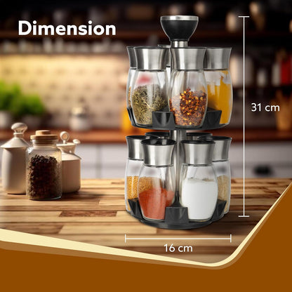 AGARO Elegant Glass Spice Jar Set of 12 with Rotating Stand | 360° Spinning Masala Rack Organizer | Premium Kitchen Spice Storage Holder