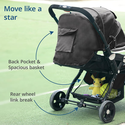 LuvLap Galaxy Baby Stroller & Pram (Black) | 5-Point Safety Harness, Multi-Level Recline, Easy Fold + 🎁 FREE LuvLap Silicone Straw Sipper Cup Set of 3 (300ml, Worth ₹1,499)