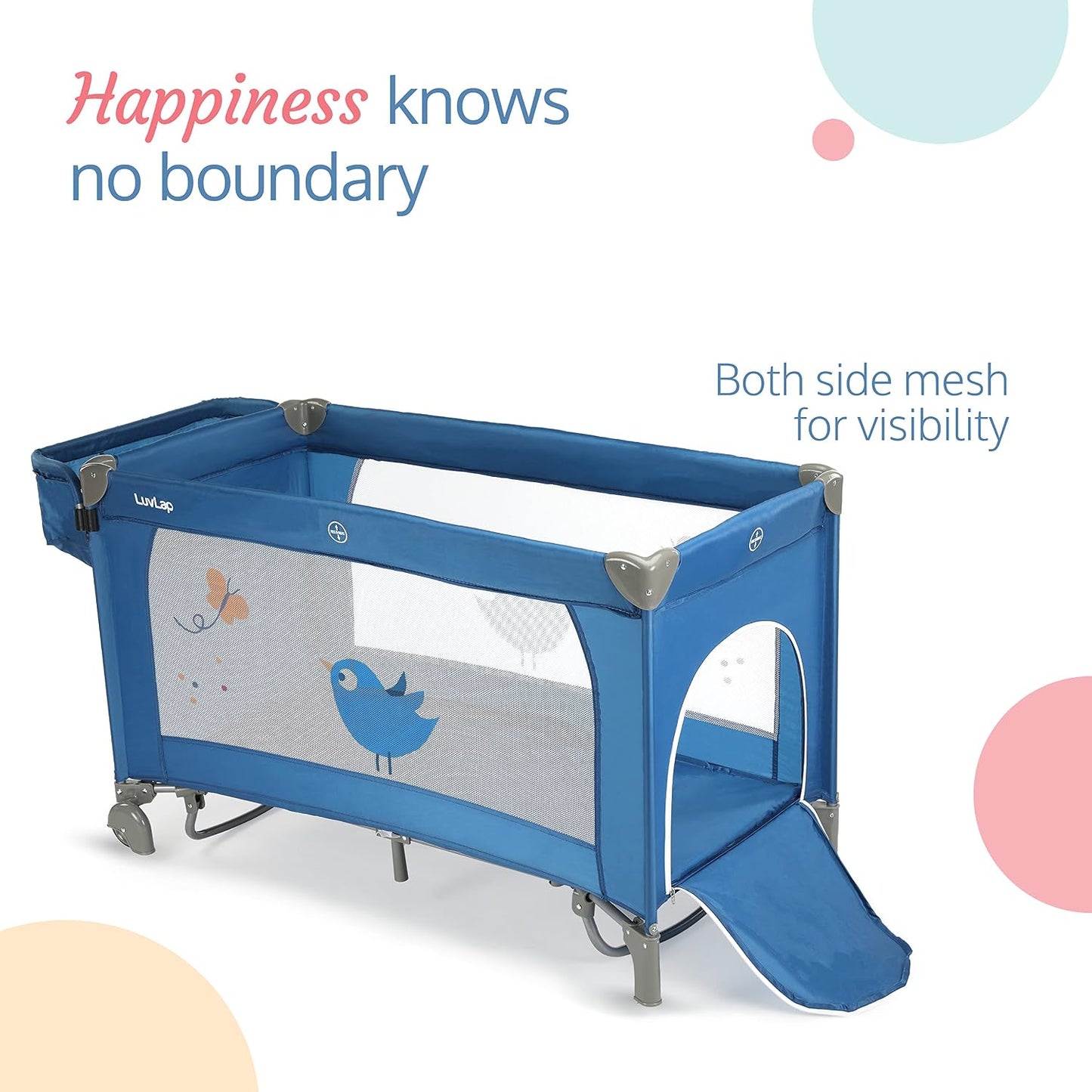 LuvLap WonderJoy Baby Playpen Playard (Blue) with FREE LuvLap Steel Straw Sipper | Folding Baby Bed, Portable Baby Cot & Convertible Crib | Free Delivery India
