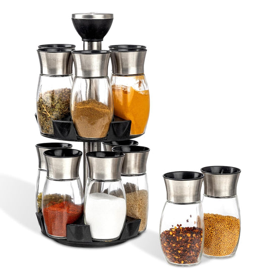AGARO Elegant Glass Spice Jar Set of 12 with Rotating Stand | 360° Spinning Masala Rack Organizer | Premium Kitchen Spice Storage Holder