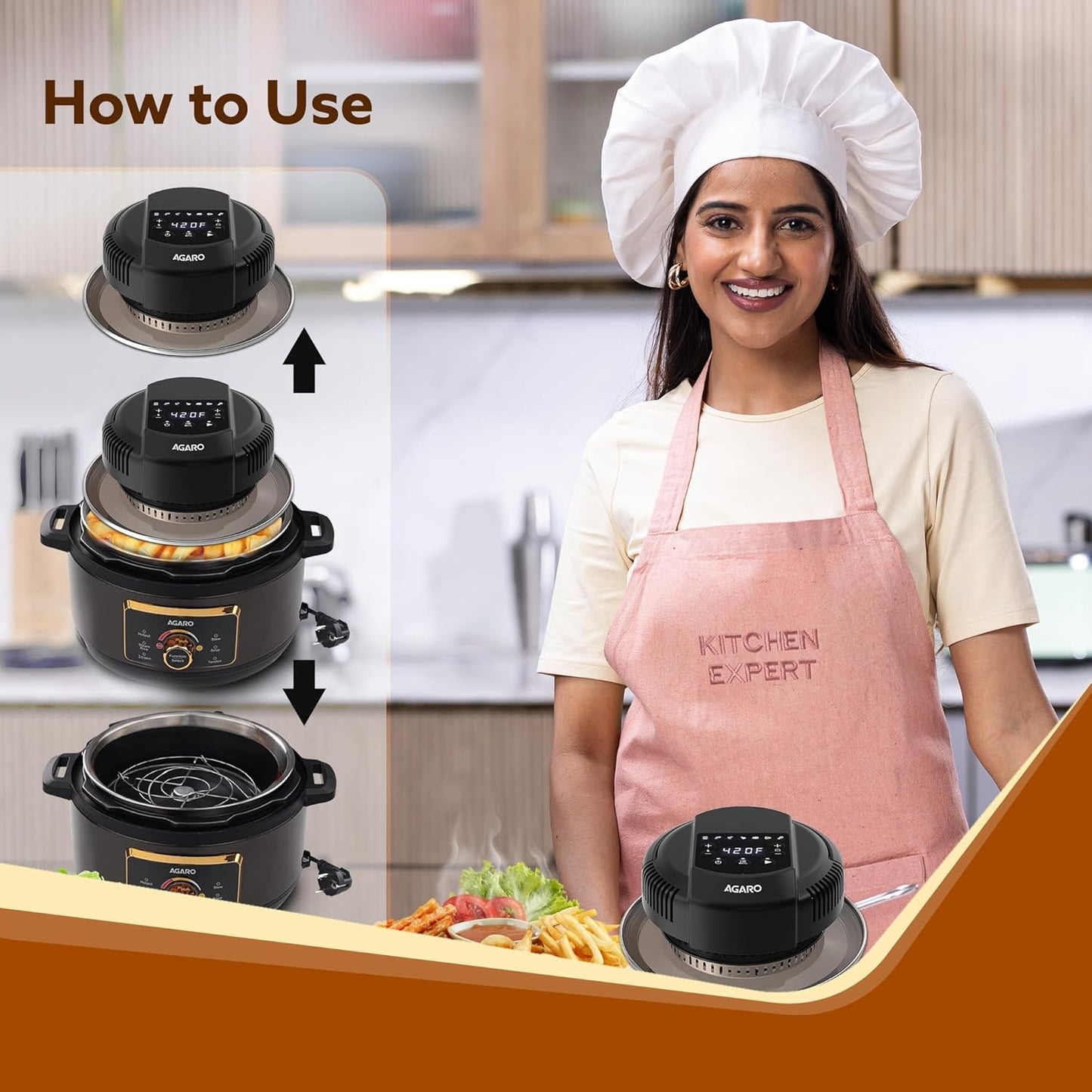 AGARO Imperial Pot Lid Air Fryer – 7-in-1 Electric Air Fryer Lid for 5L, 6L & 8L Pressure Cookers | 7 Preset Menu | 1000W