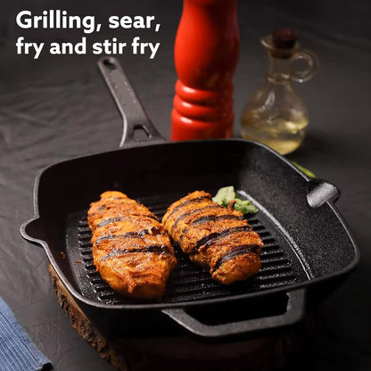 AGARO Royal Pre-Seasoned Cast Iron Grill Pan 24cm (1.9L) | Heavy Duty | No Chemical Coating | Gas & Induction Compatible