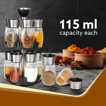 AGARO Elegant Glass Spice Jar Set of 12 with Rotating Stand | 360° Spinning Masala Rack Organizer | Premium Kitchen Spice Storage Holder