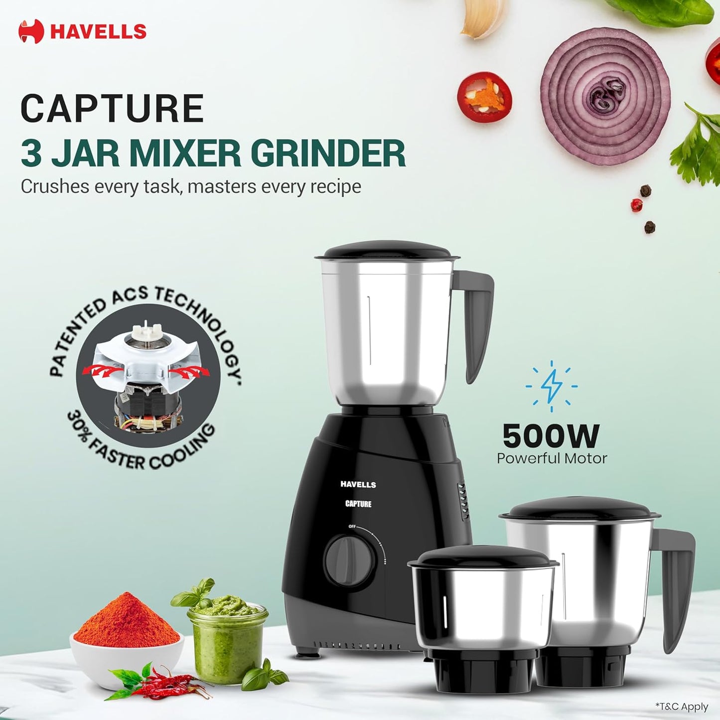 Havells Capture Mixer Grinder 500 Watt | 3 Jars | Rust-Resistant 304 SS Blades | Black
