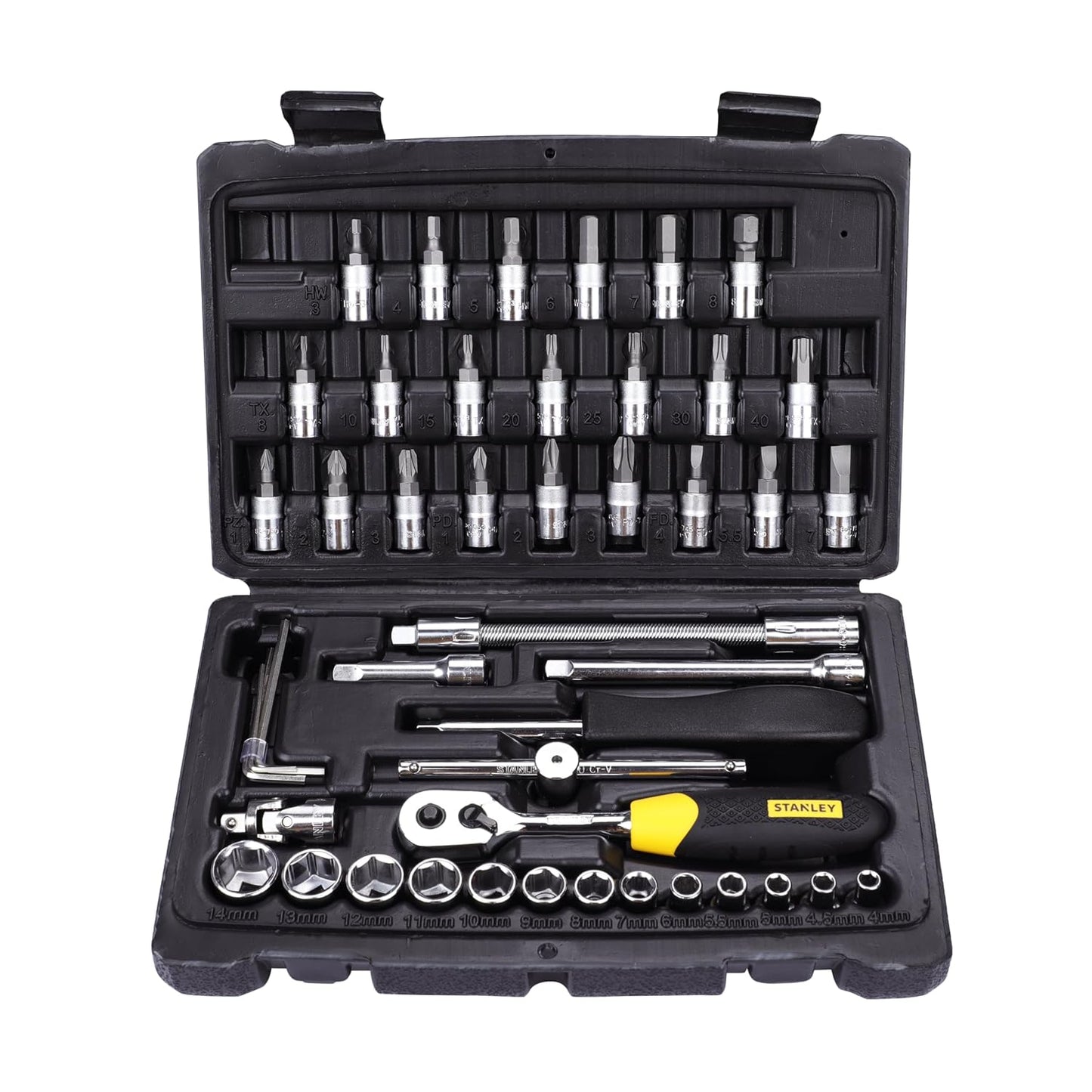 STANLEY STMT72794-8 46-Piece 1/4" Square Drive Metric Socket & Bit Set | Maxi-Drive™ Technology | Double Nickel Chromium Alloy | Quick Release Ratchet | Professional Tool Kit | Free Delivery