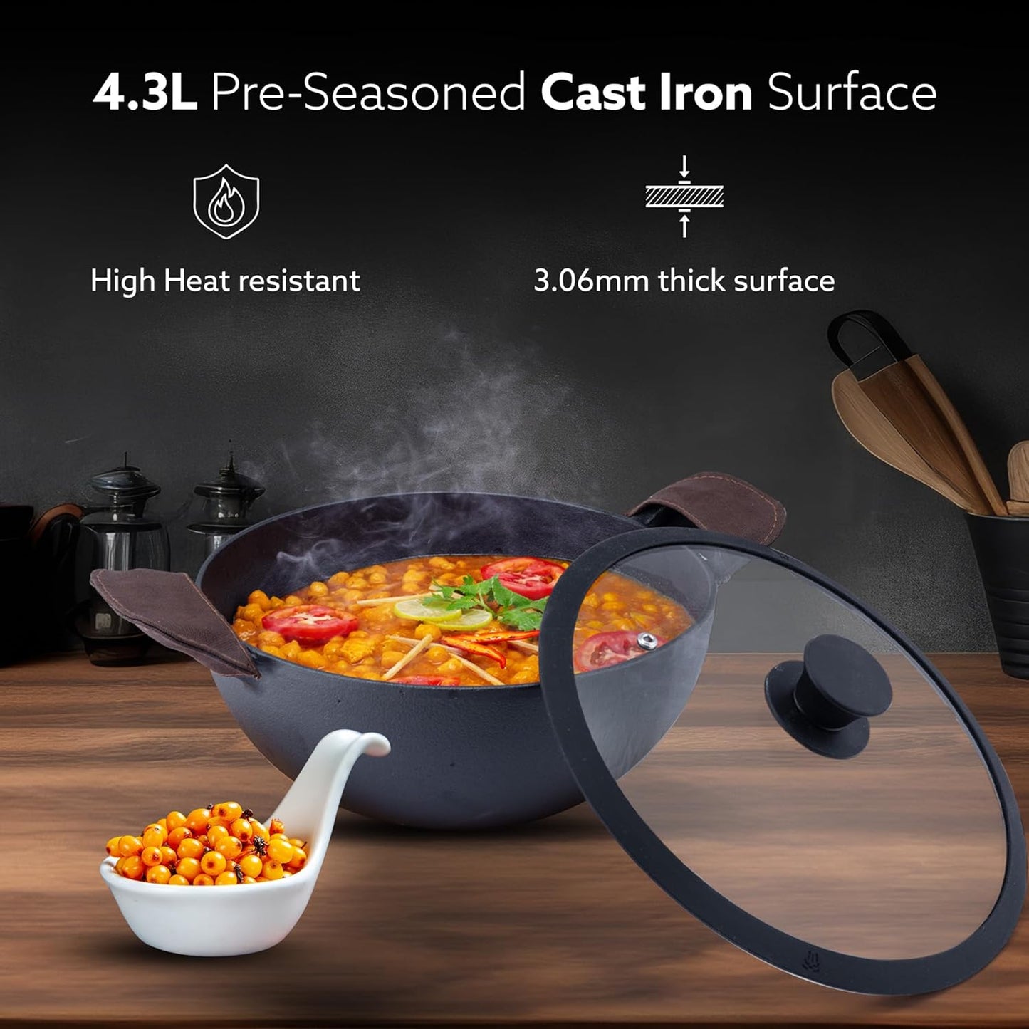 AGARO Royal Pre-Seasoned Cast Iron Kadai 4.3L | Glass Lid | Heavy Duty Uni-Body | No Chemical Coating | Gas & Induction Compatible | Black