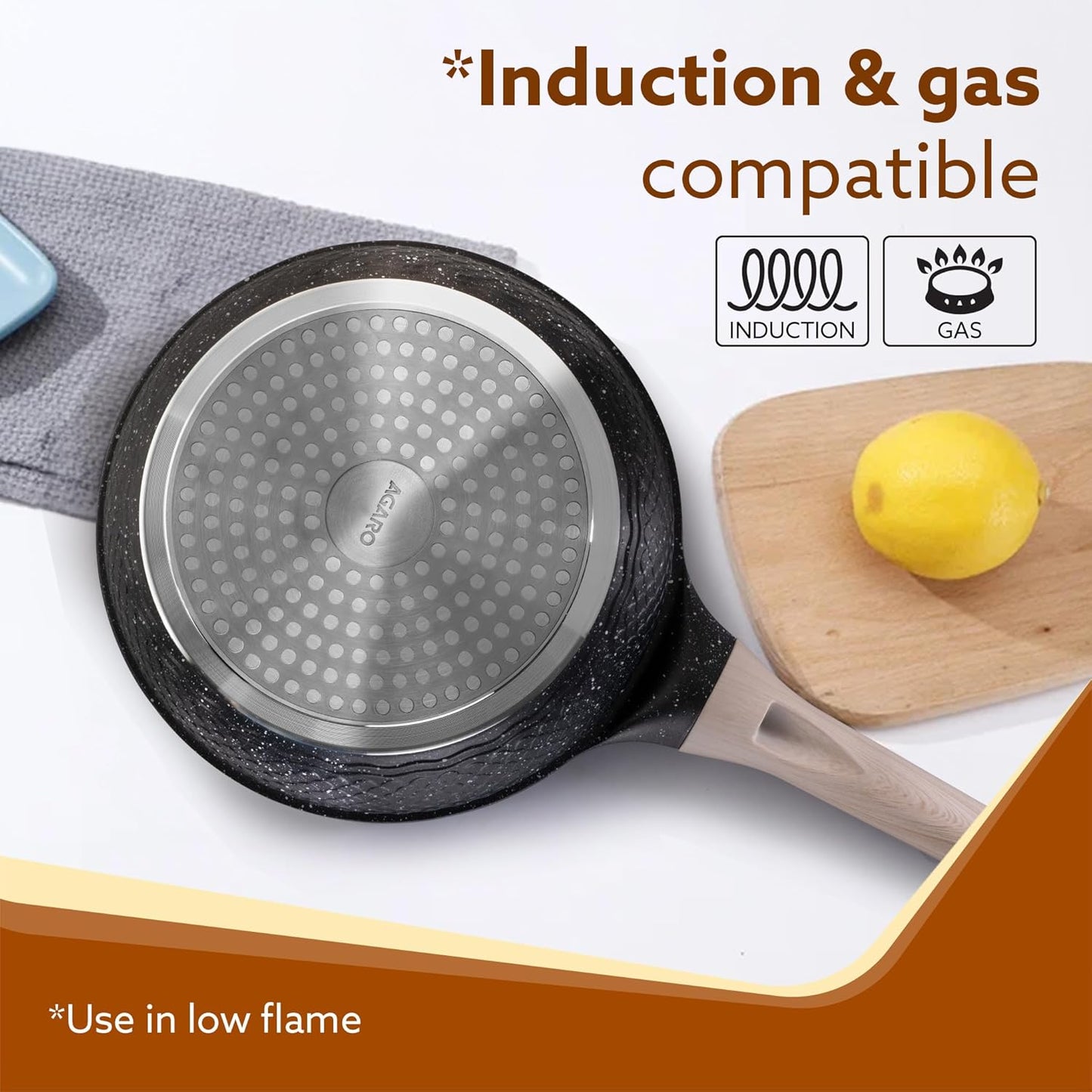 AGARO Imperial Granite Non-Stick Fry Pan 24cm (1.6L) with Glass Lid | Cast Aluminium Body | Omelette, Egg & Fish Fry Pan | Gas & Induction Compatible | Dark Grey