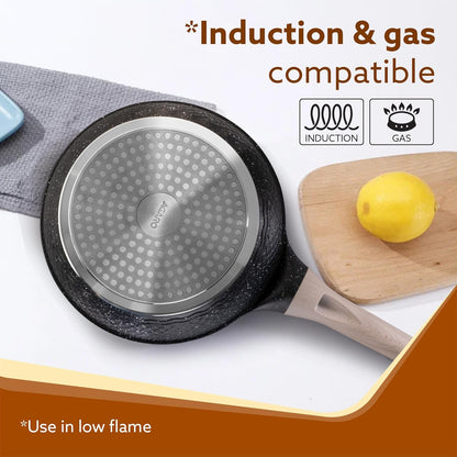 AGARO Imperial Granite Non-Stick Fry Pan 24cm (1.6L) with Glass Lid | Cast Aluminium Body | Omelette, Egg & Fish Fry Pan | Gas & Induction Compatible | Dark Grey