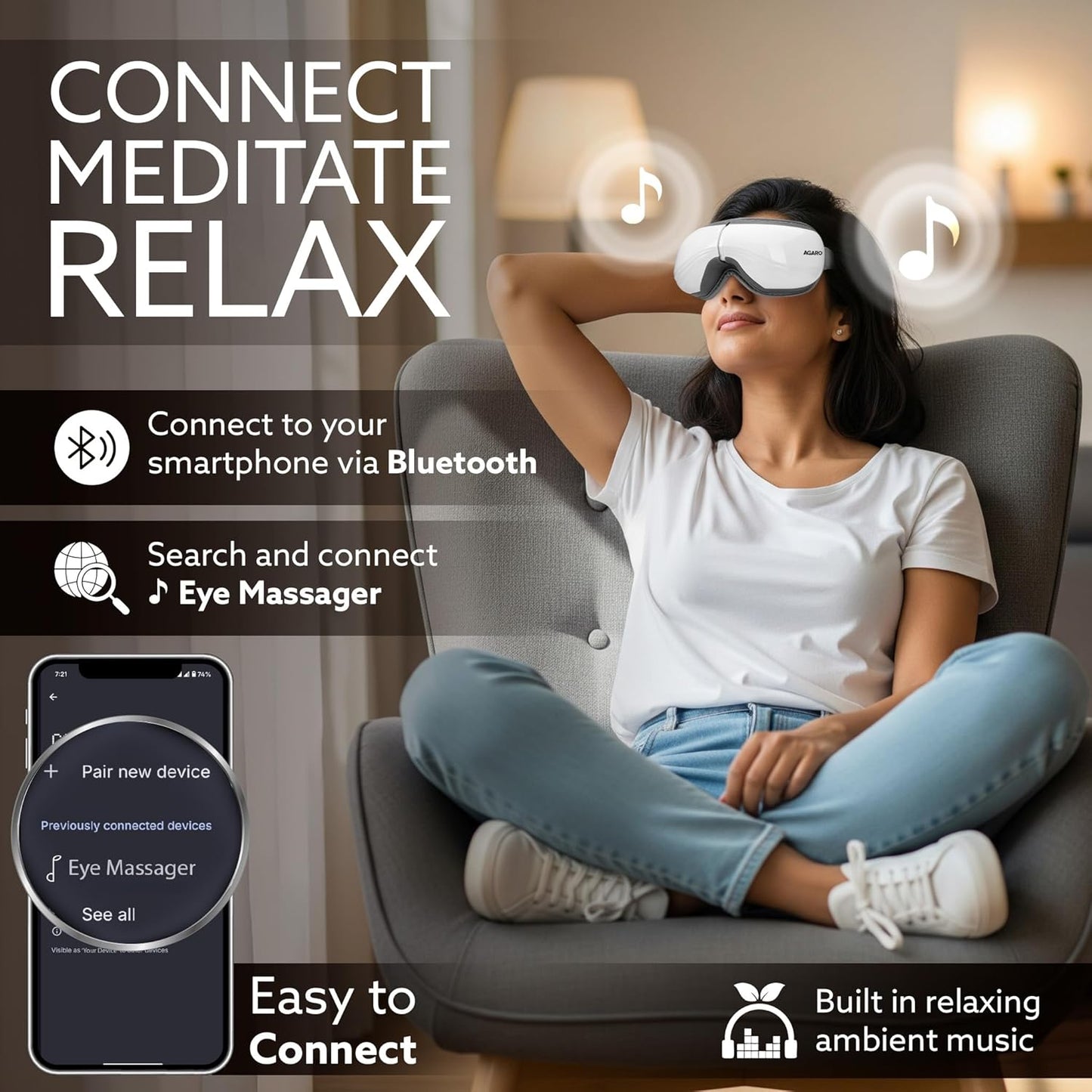 AGARO Supreme Eye Massager | Heat Therapy, Air Compression, Bluetooth Music | 5 Modes | Foldable Eye Relaxation Device