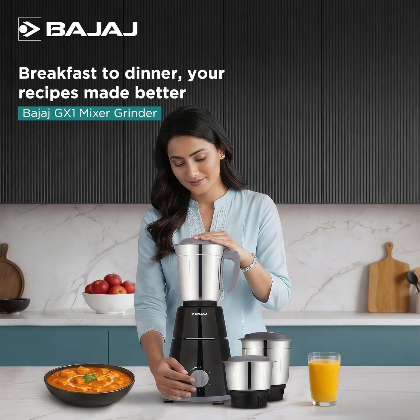Bajaj GX-1 500 Watt Mixer Grinder | 3 Jars | 2-in-1 Dry Grinding Blade | Kitchen Mixer