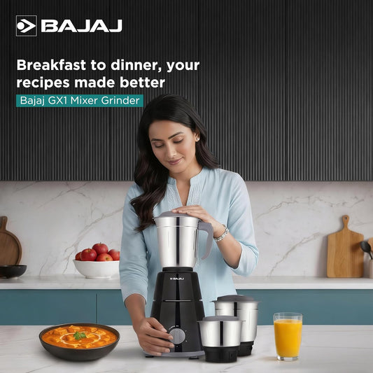 Bajaj GX-1 500 Watt Mixer Grinder | 3 Jars | 2-in-1 Dry Grinding Blade | Kitchen Mixer