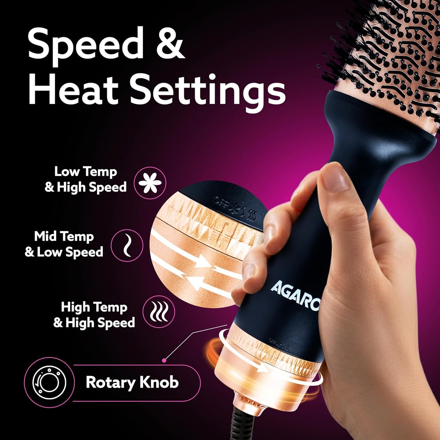 AGARO HV2179 Hot Air Brush 1200W | Blow Dryer, Volumizer & Hair Styler | Ceramic Coating, Charcoal Bristles, 360° Airflow, Oval Barrel (Gold & Black)