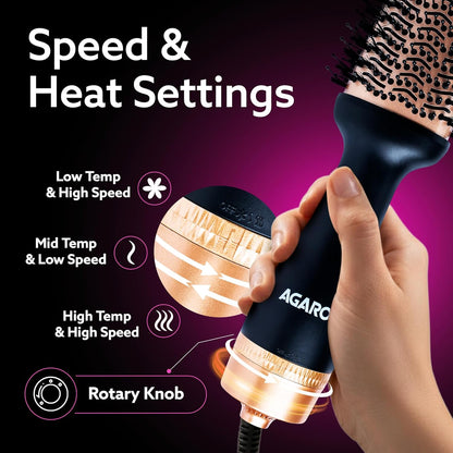 AGARO HV2179 Hot Air Brush 1200W | Blow Dryer, Volumizer & Hair Styler | Ceramic Coating, Charcoal Bristles, 360° Airflow, Oval Barrel (Gold & Black)