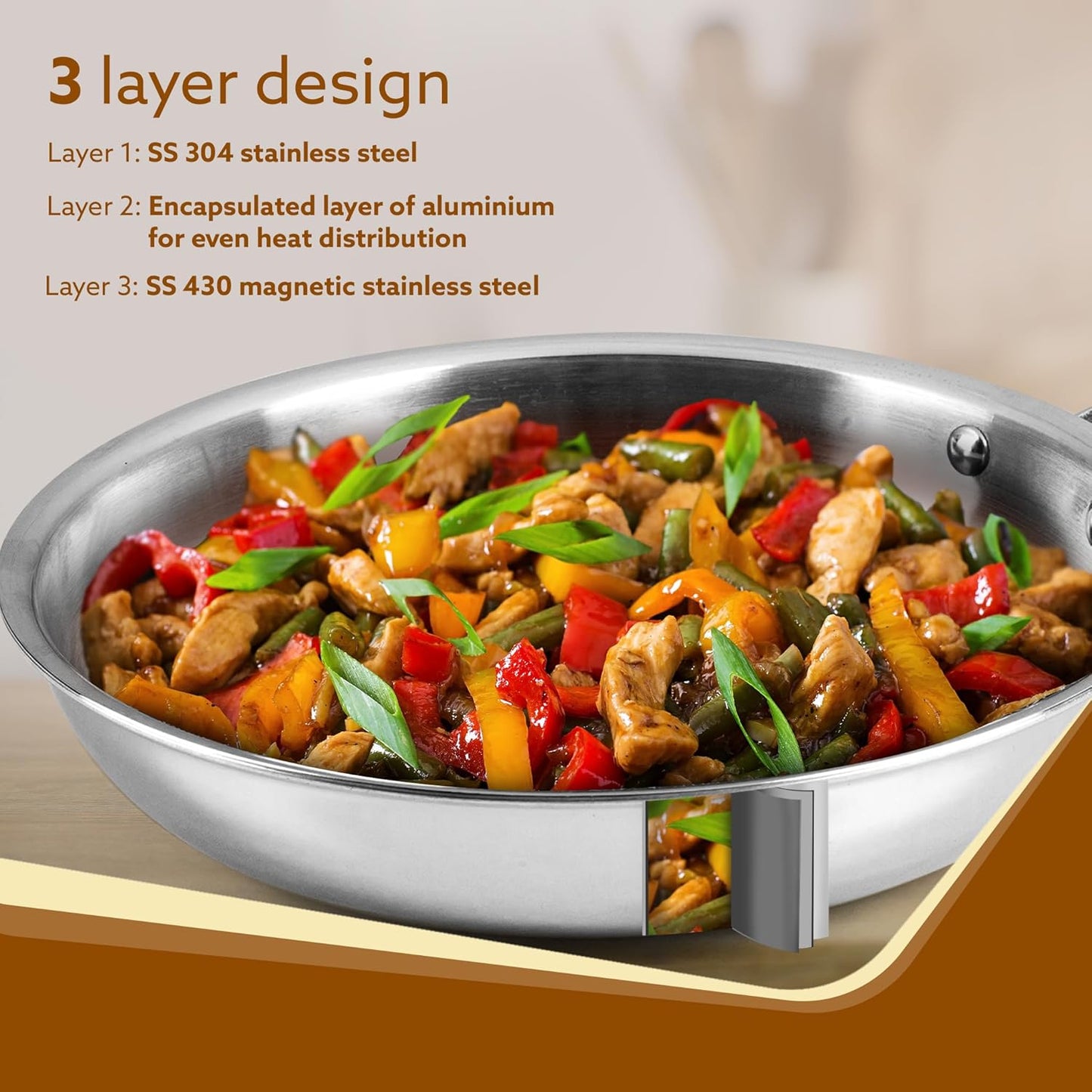 AGARO Regency Tri-Ply Stainless Steel Frying Pan 24cm (1.5L) | Induction & Gas Compatible | Riveted Handle | Food Grade Steel | Silver