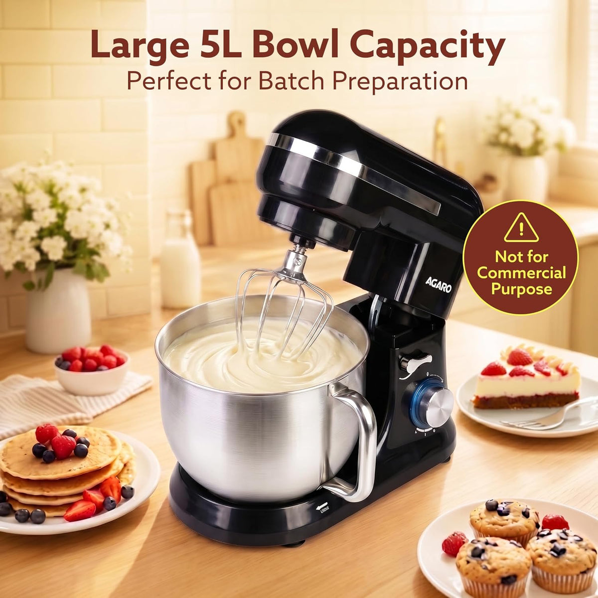 AGARO Royal Stand Mixer 1000W with 5L Stainless Steel Bowl, 8-Speed + Pulse Function, Copper Motor & Dough Hook, Beater, Whisker and Splash Guard