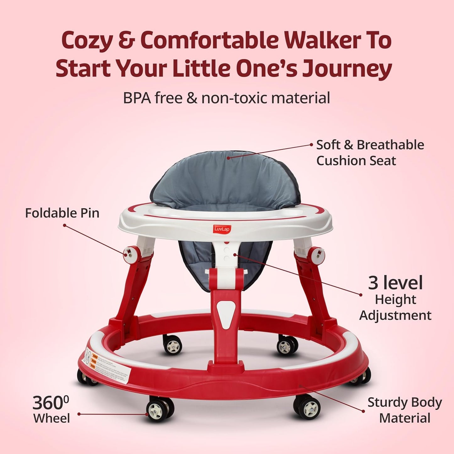 LuvLap Elegant 360° Baby Walker for 6–18 Months | 3-Level Height Adjustable | Safe & Comfortable |FREE AirPods Worth ₹499 🎁