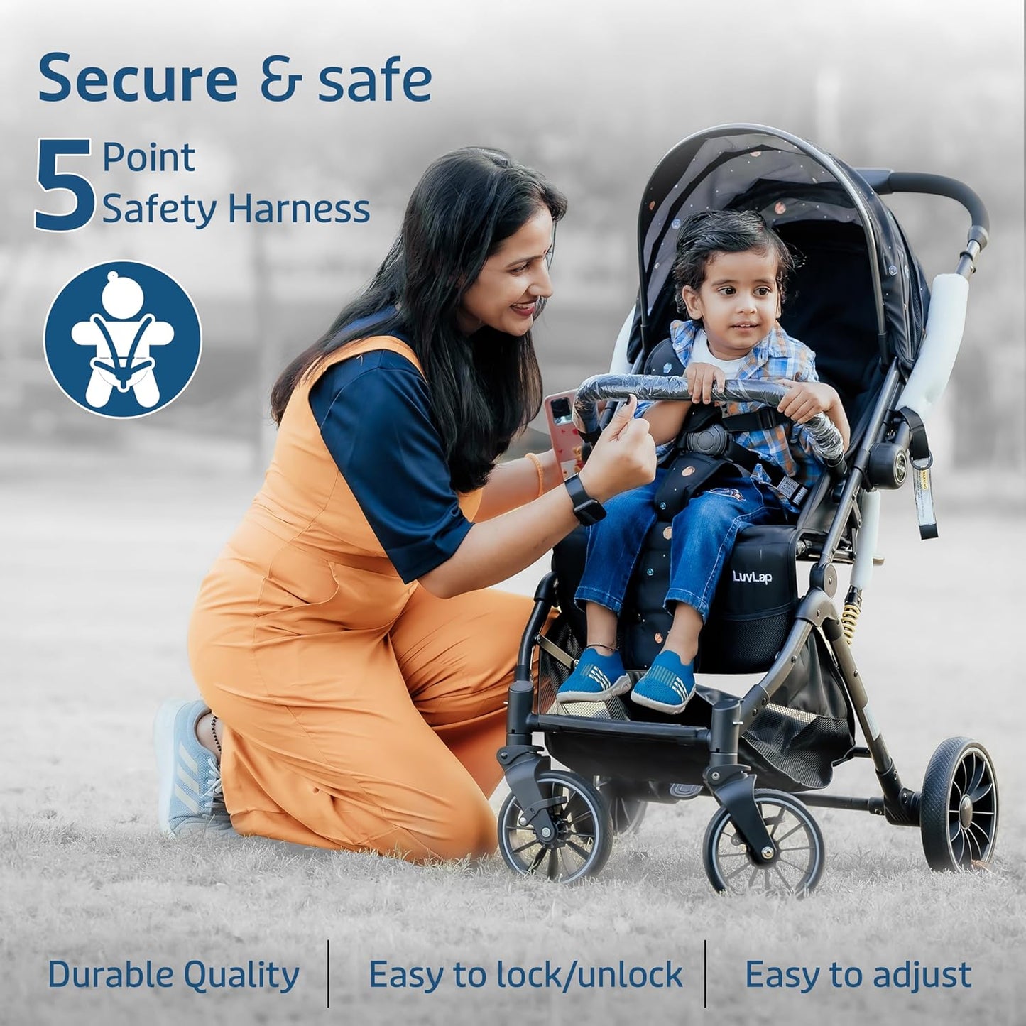LuvLap Alpha Baby Stroller (0–3 Years) | One-Fold Travel Friendly Pram with Reversible Handle & Recline + FREE AirPods (Worth ₹499) 🎁