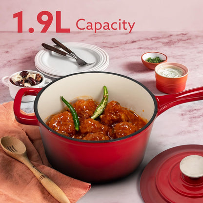 AGARO Royal Enamelled Cast Iron Sauce Pan 1.9L with Lid (19 cm) – Heavy Bottom, No Chemical Coating | Fast Heating | Gas, Induction & Oven Compatible