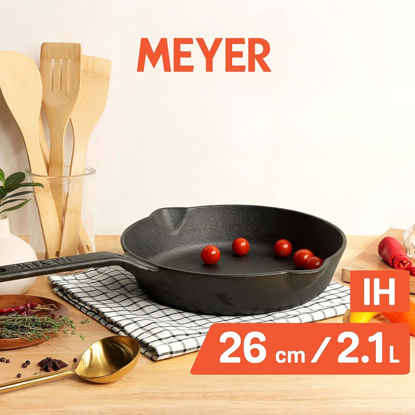 Meyer Pre-Seasoned Cast Iron Fry Pan 26cm | Heavy Duty Skillet | Gas & Induction Compatible | Durable Iron Cookware