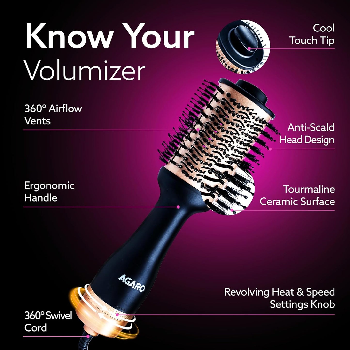 AGARO HV2179 Hot Air Brush 1200W | Blow Dryer, Volumizer & Hair Styler | Ceramic Coating, Charcoal Bristles, 360° Airflow, Oval Barrel (Gold & Black)